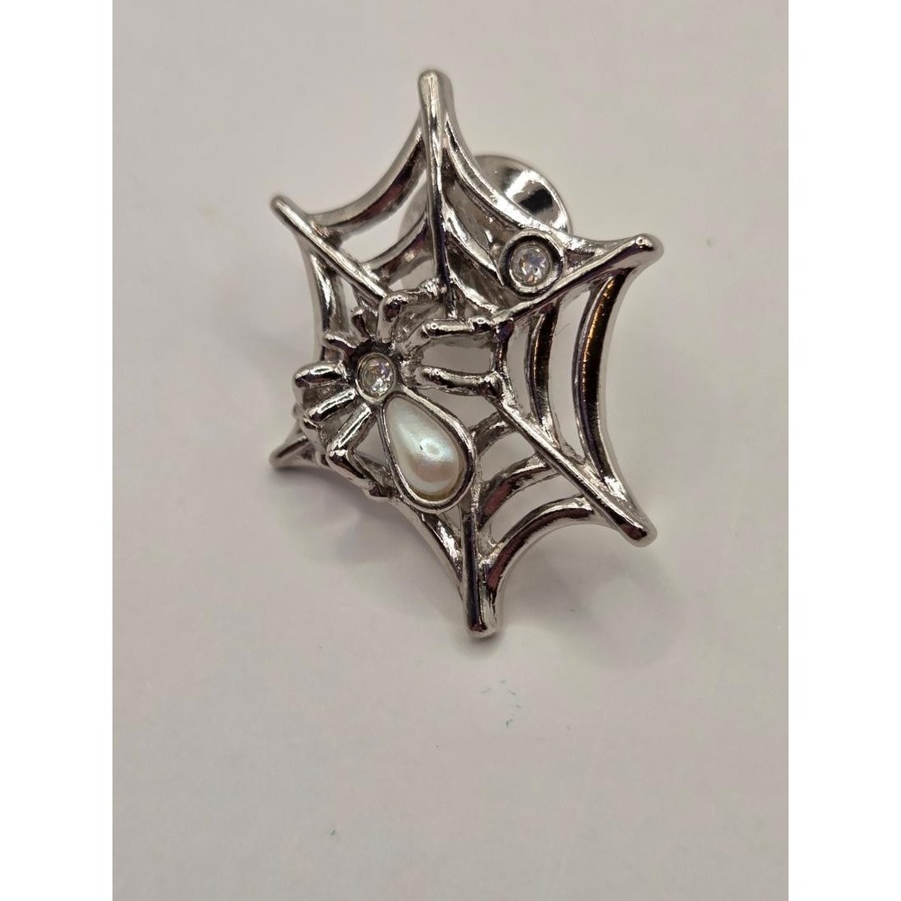 Spider Web Lapel Pin Brooch 1995 Halloween Faux Pearl Rhinestone
